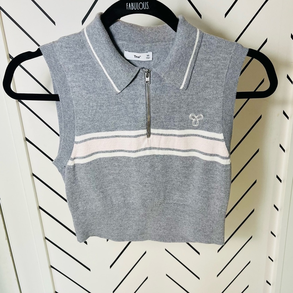 TNA Gray and White Crop Top Polo